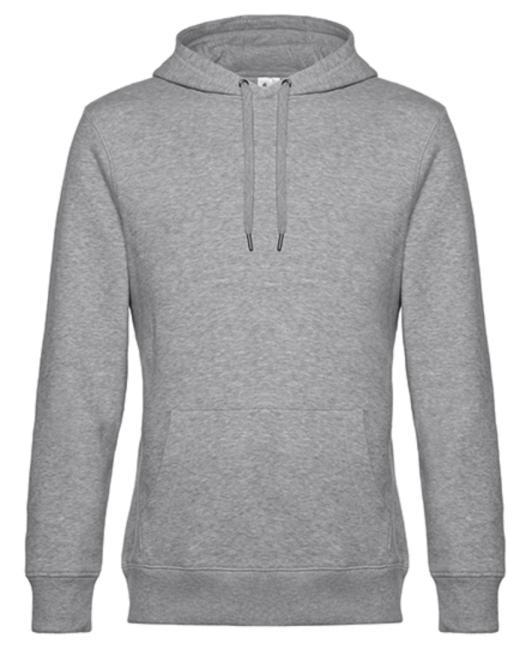 ein grauer  Hoodie, Kapuzenpulli ist von vorne dargestellt. Vorne befindet sich auf Bauchhöhe eine Tasche